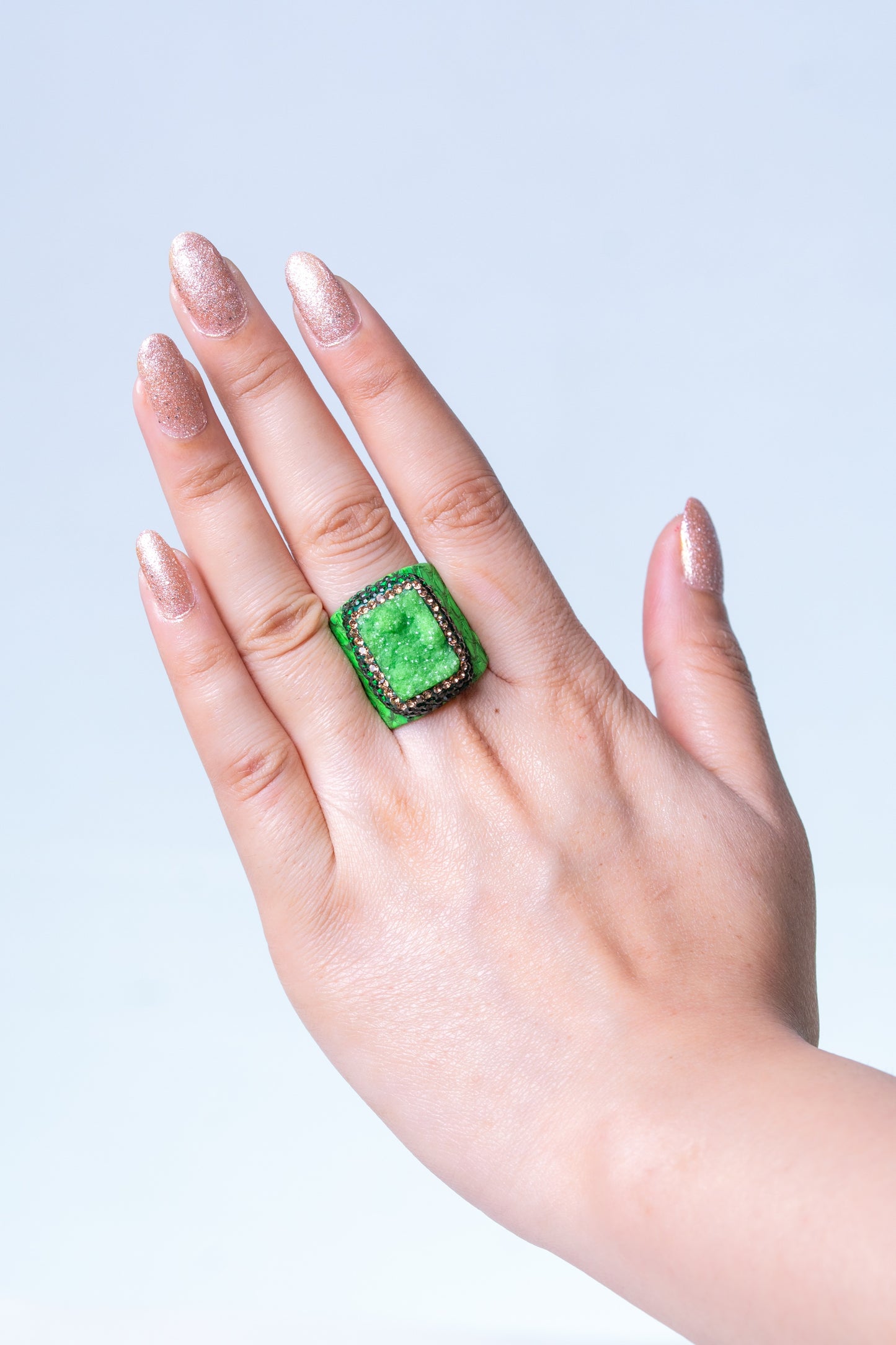 Green Natural Gemstone & Snake Skin Leather Ring - Adjustable Size