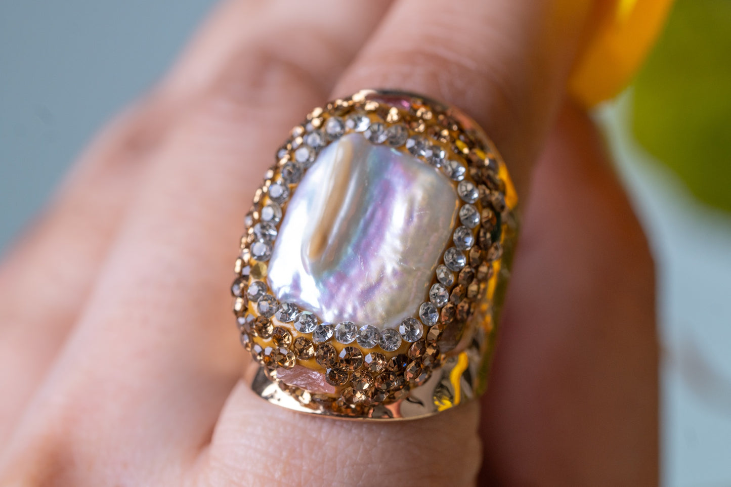 Freshwater Baroque Pearl & Tiny Multi-Color Tourmalines Ring - Adjustable Size