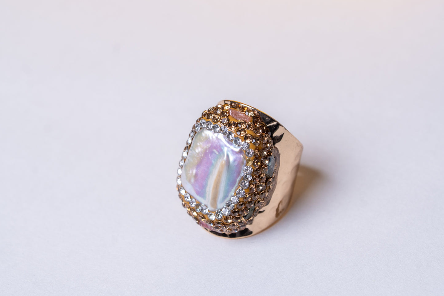 Freshwater Baroque Pearl & Tiny Multi-Color Tourmalines Ring - Adjustable Size