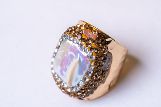 Freshwater Baroque Pearl & Tiny Multi-Color Tourmalines Ring - Adjustable Size