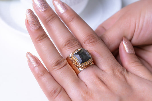 Black Zircon & White American Diamonds Ring - Adjustable Size