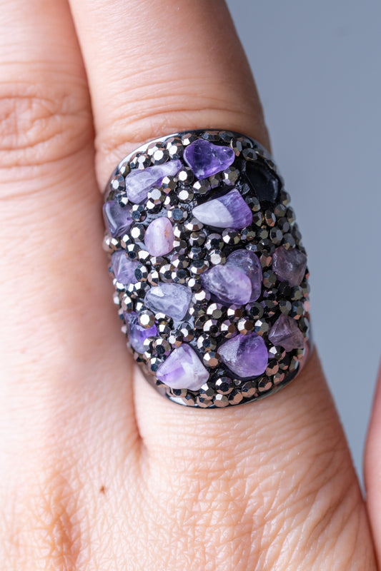 Amethyst Pieces & American Diamonds Ring - Adjustable Size