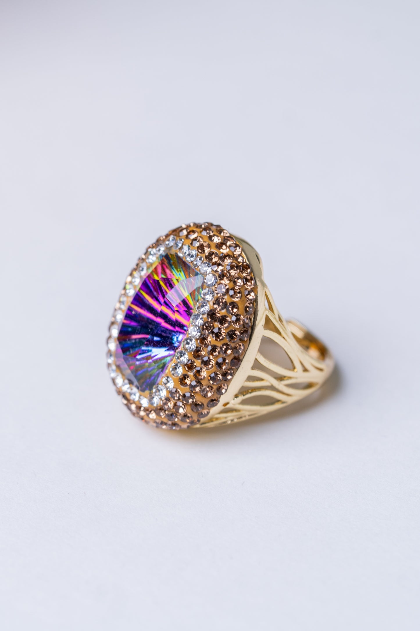 Large Mystic Topaz & American Diamonds Zirconia Ring - Adjustable Size
