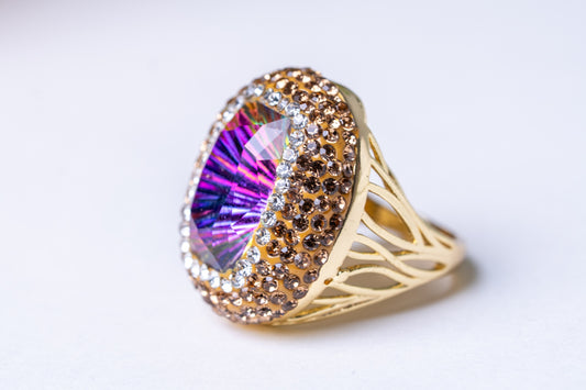 Large Mystic Topaz & American Diamonds Zirconia Ring - Adjustable Size