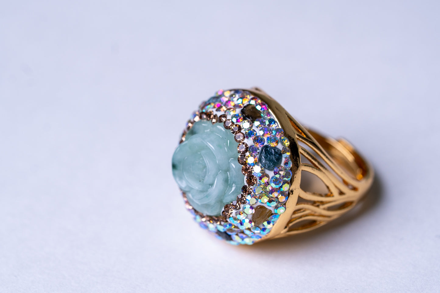 Rose-Carved Jadeite Stone & Tourmalines Ring - Adjustable Size