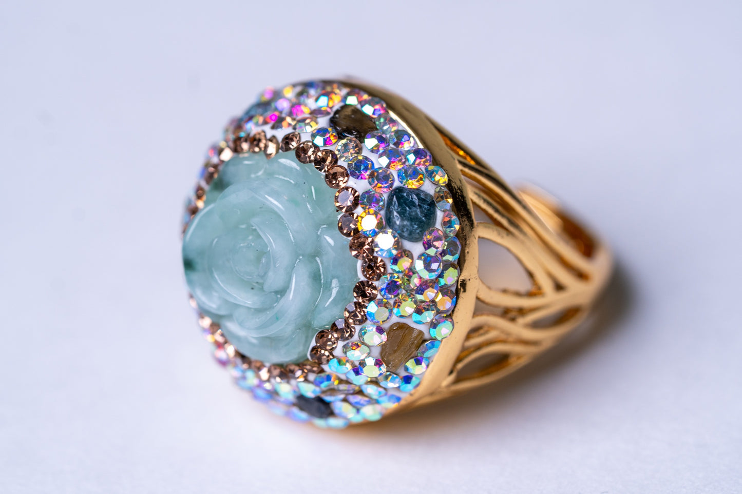 Rose-Carved Jadeite Stone & Tourmalines Ring - Adjustable Size