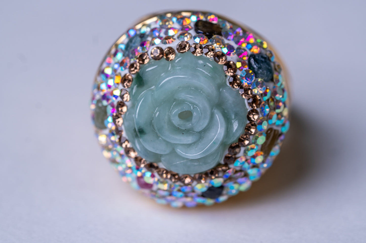 Rose-Carved Jadeite Stone & Tourmalines Ring - Adjustable Size