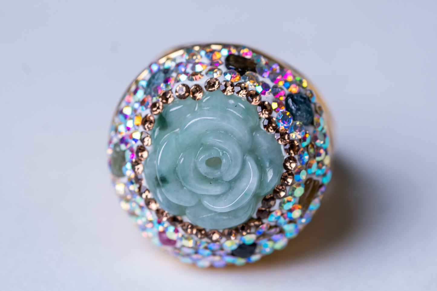 Rose-Carved Jadeite Stone & Tourmalines Ring - Adjustable Size