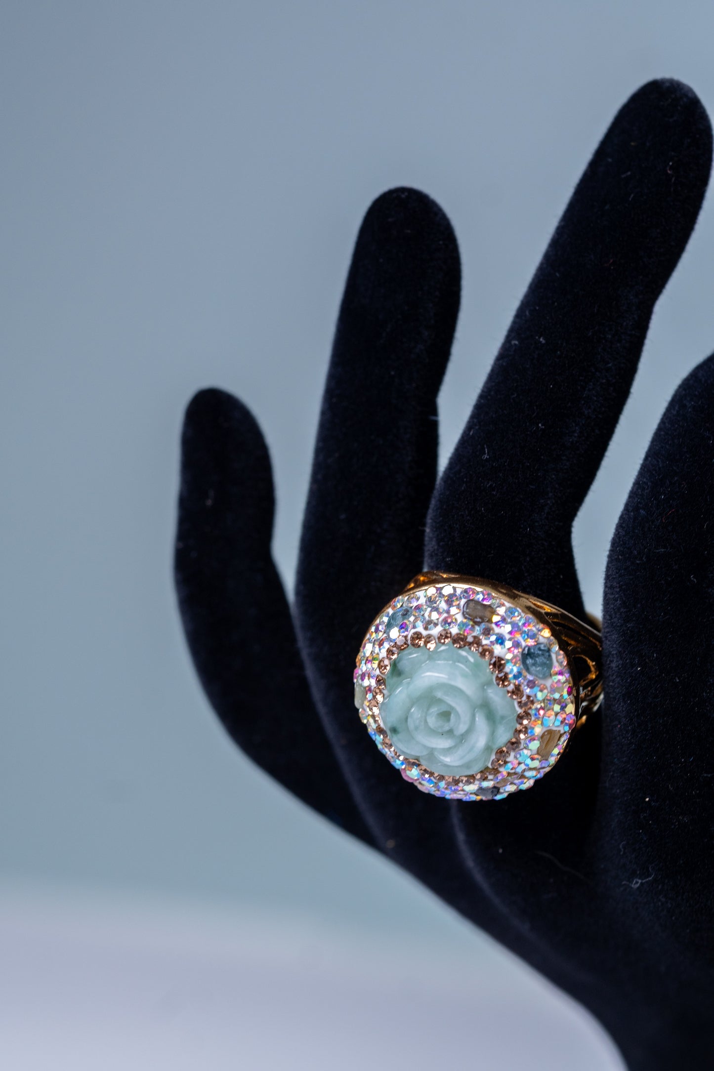 Rose-Carved Jadeite Stone & Tourmalines Ring - Adjustable Size