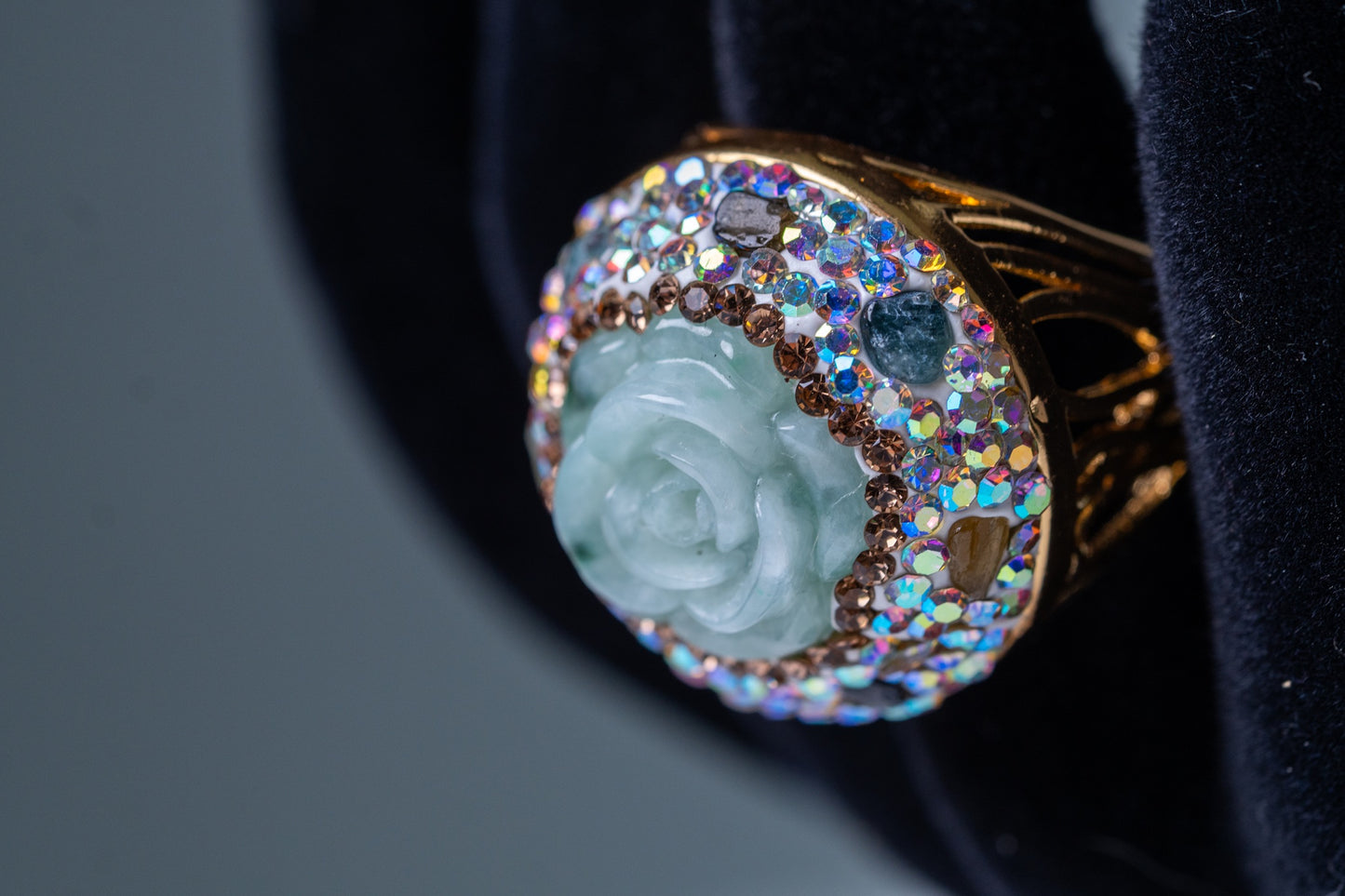 Rose-Carved Jadeite Stone & Tourmalines Ring - Adjustable Size