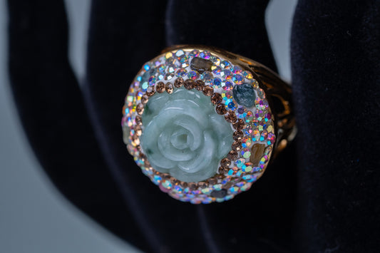 Rose-Carved Jadeite Stone & Tourmalines Ring - Adjustable Size