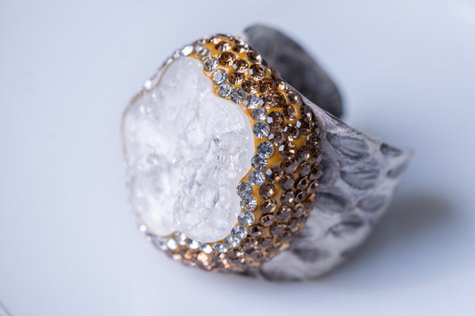 Crystal Quartz, American Diamonds Zirconia & Snake Skin Leather Ring - Adjustable Size