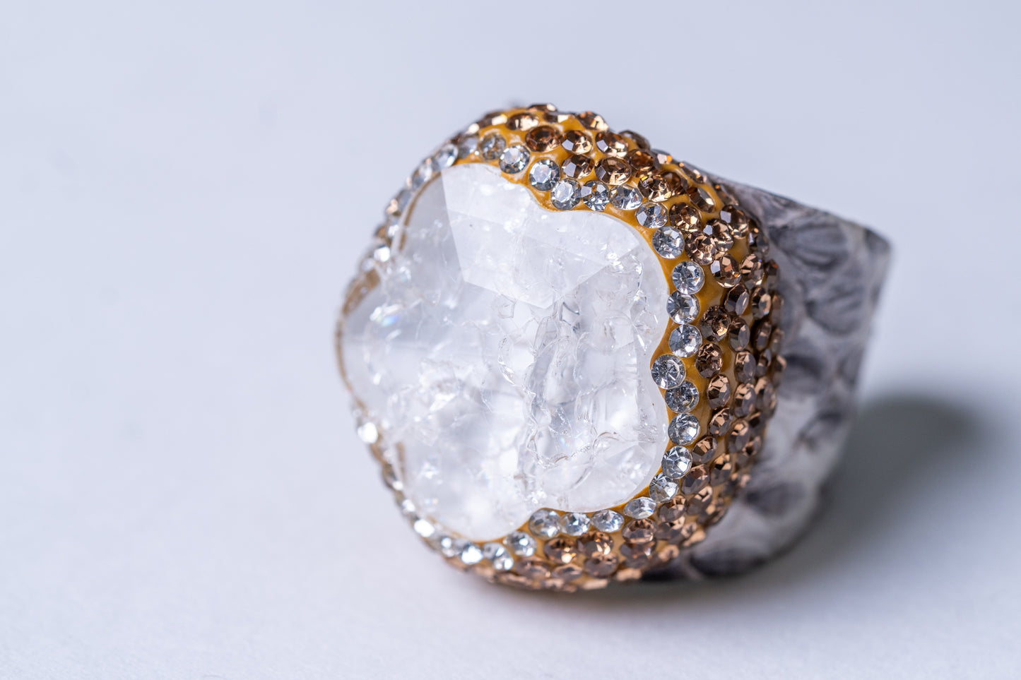 Crystal Quartz, American Diamonds Zirconia & Snake Skin Leather Ring - Adjustable Size