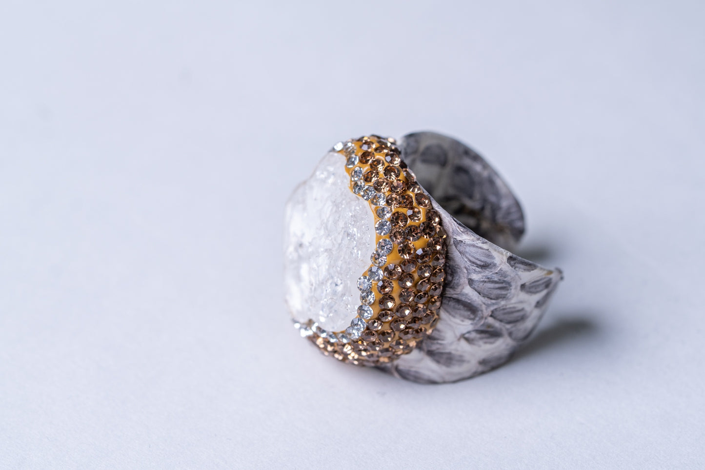 Crystal Quartz, American Diamonds Zirconia & Snake Skin Leather Ring - Adjustable Size