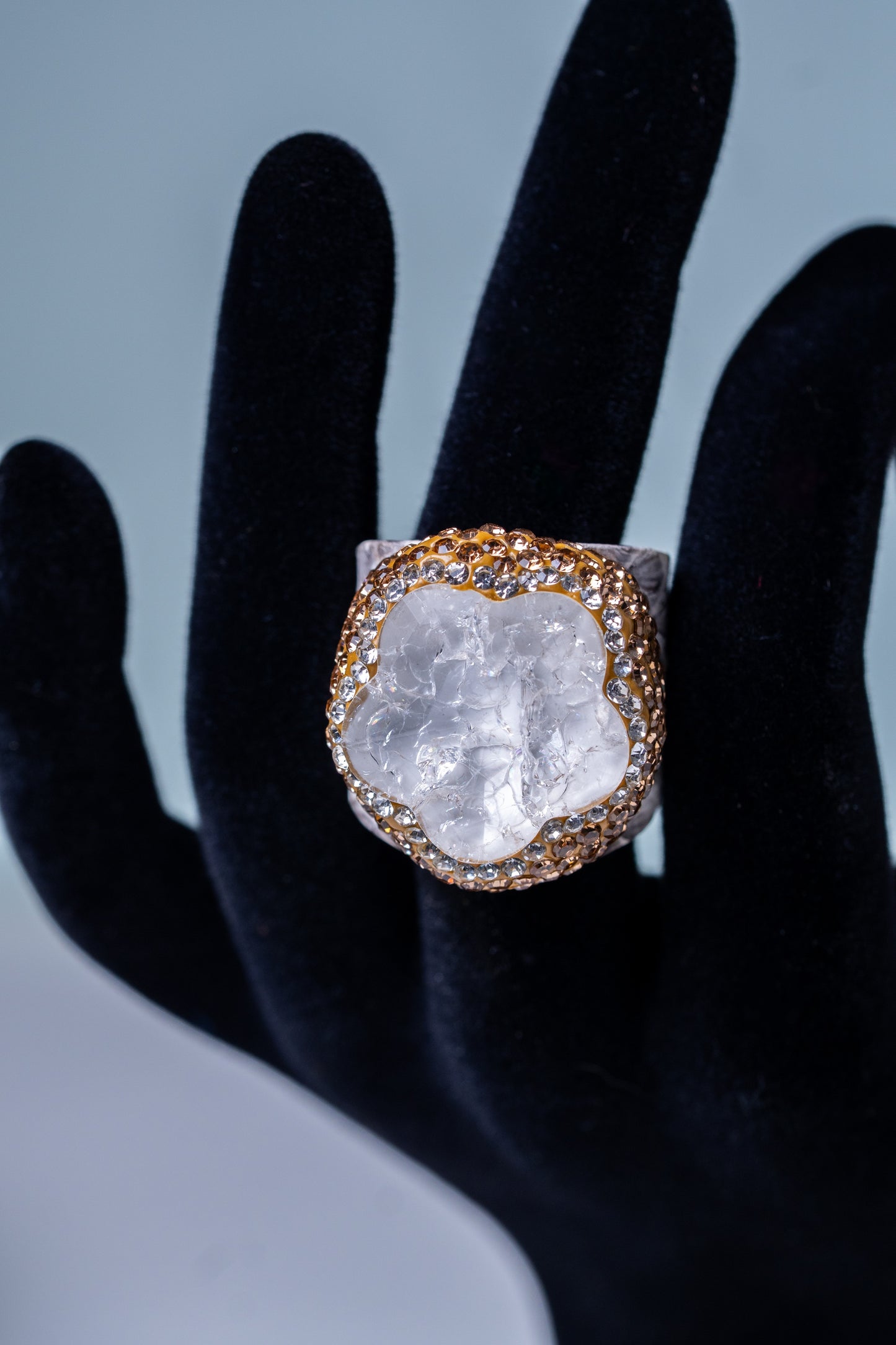 Crystal Quartz, American Diamonds Zirconia & Snake Skin Leather Ring - Adjustable Size