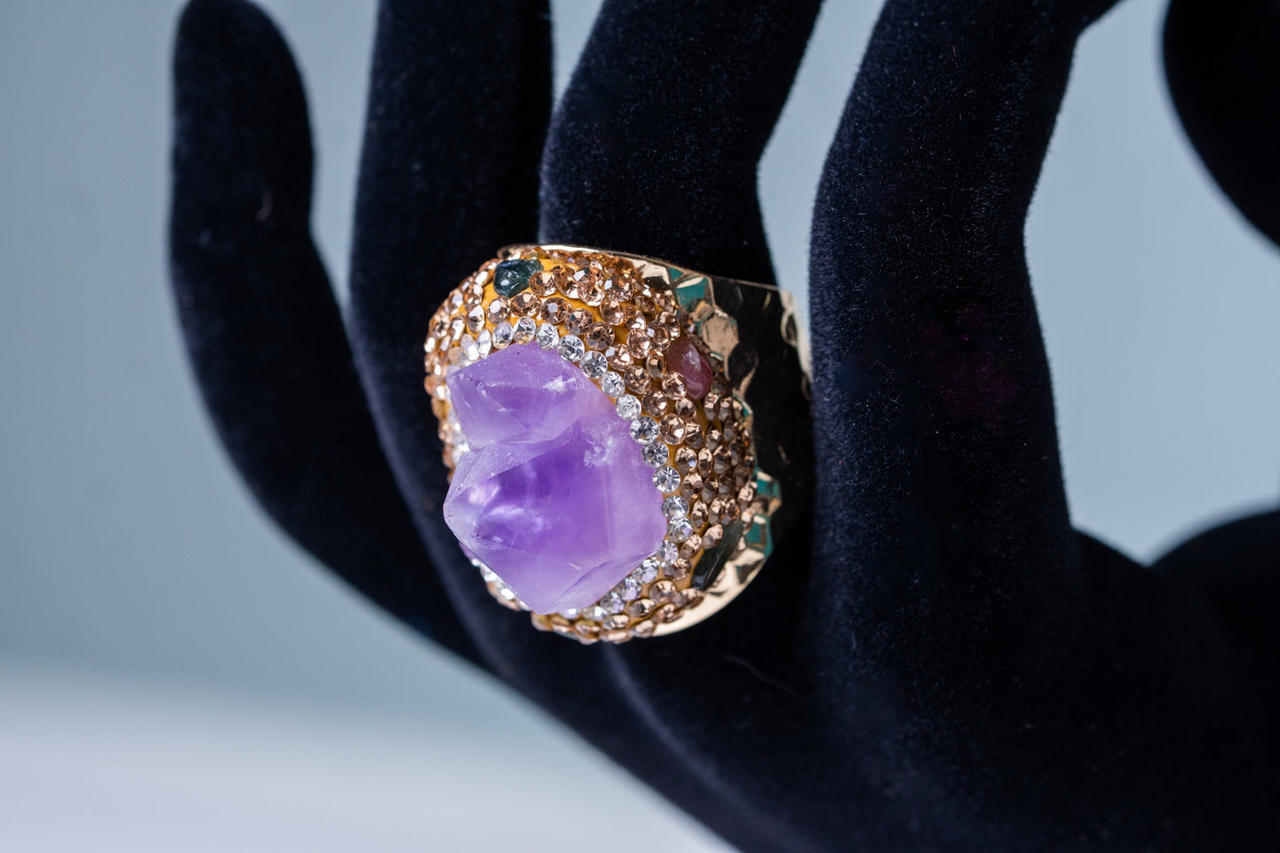 Raw Amethyst, Tourmalines & American Diamonds Ring