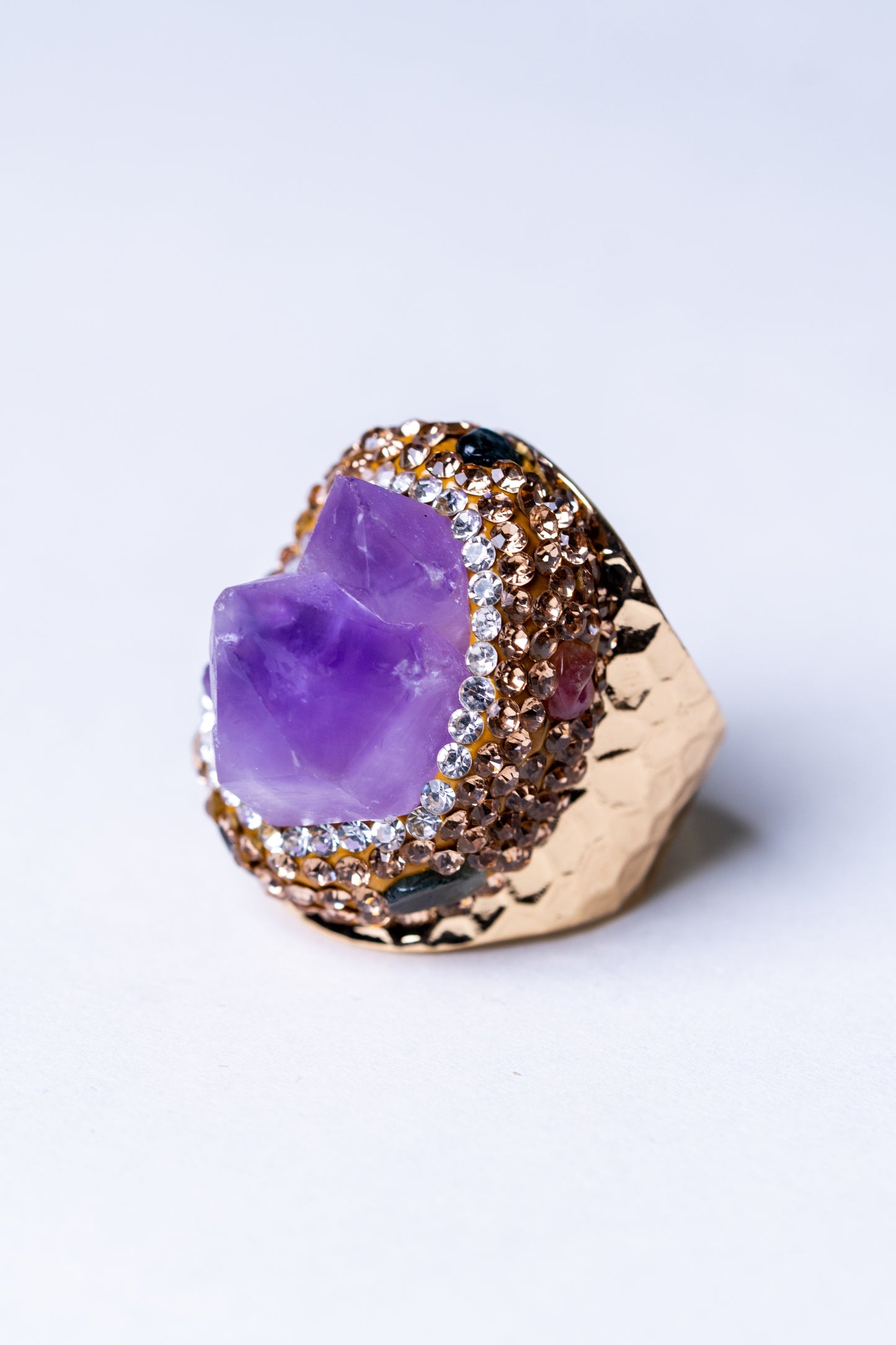 Raw Amethyst, Tourmalines & American Diamonds Ring