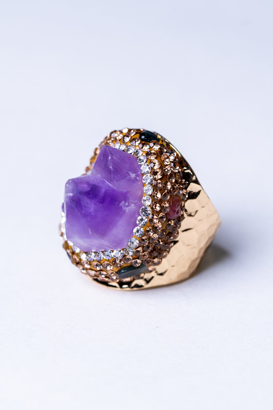 Raw Amethyst, Tourmalines & American Diamonds Ring - Adjustable Size