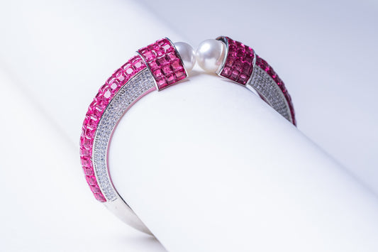 Pink Rubies and Real Pearl Cuff Bracelet
