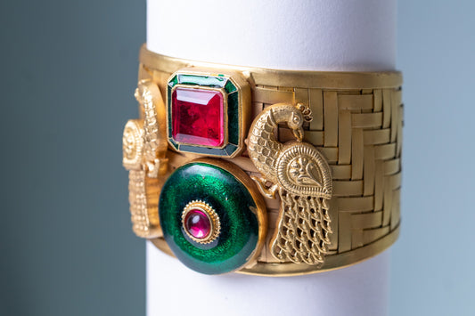 Red Sapphire 22KT Gold Plated Cuff Bracelet - Adjustable Size