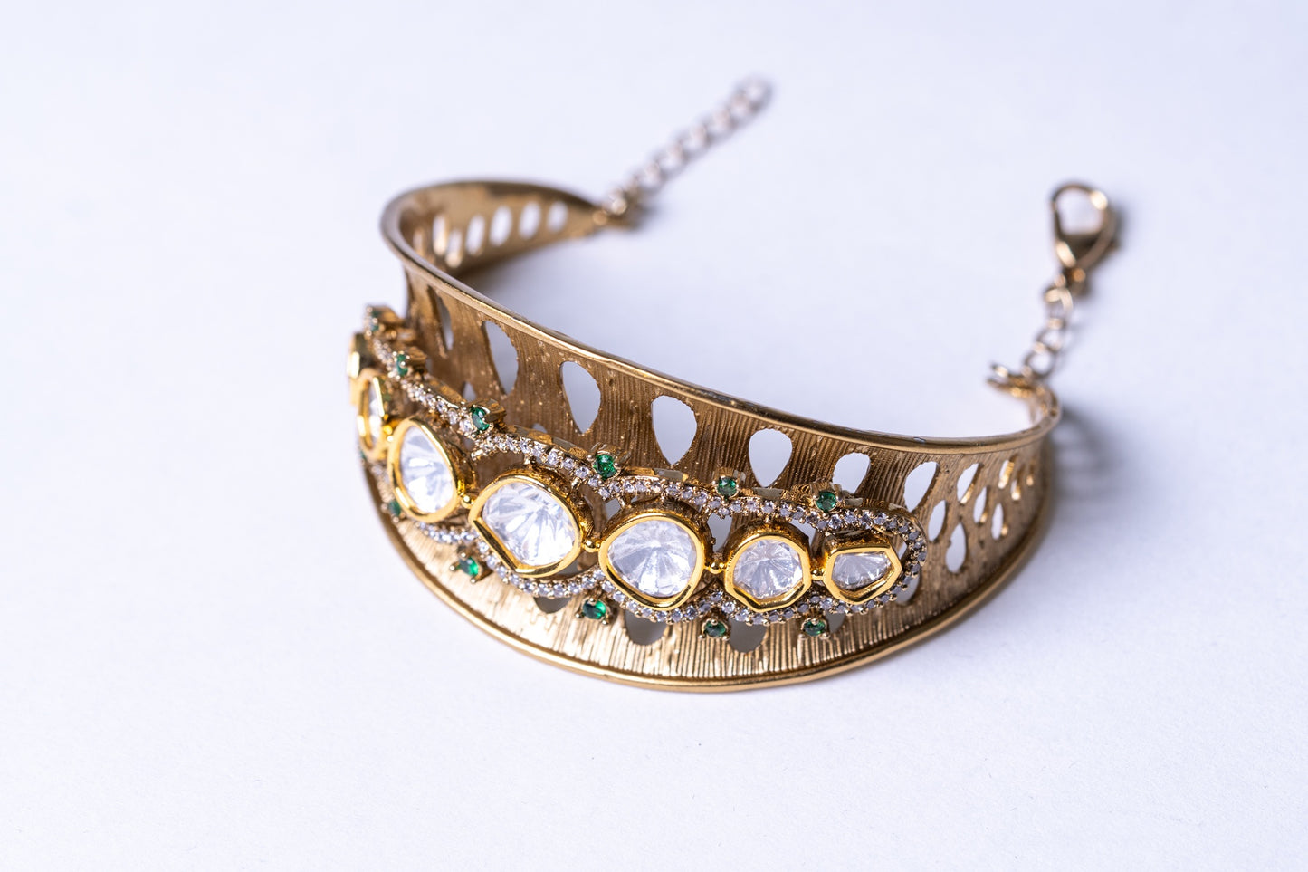 22KT Gold Plated Polki Kundan Moissanite Bracelet - Adjustable Size