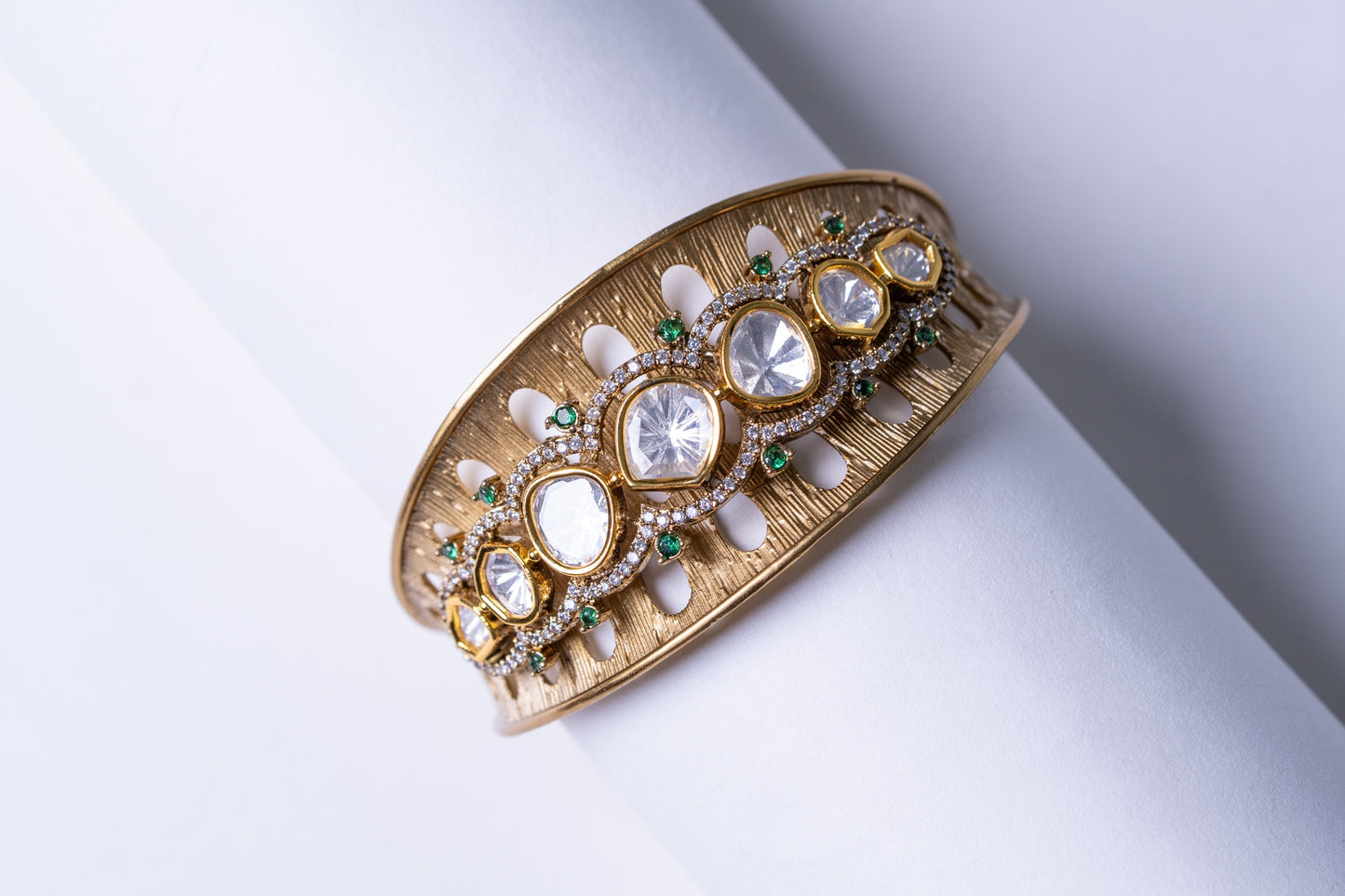 22KT Gold Plated Polki Kundan Moissanite Bracelet - Adjustable Size