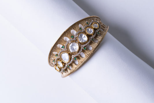 22KT Gold Plated Polki Kundan Moissanite Bracelet - Adjustable Size