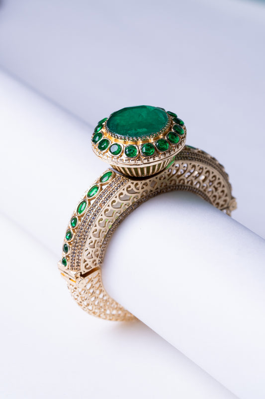 Big Green Emerald 22KT Gold Plated Bracelet
