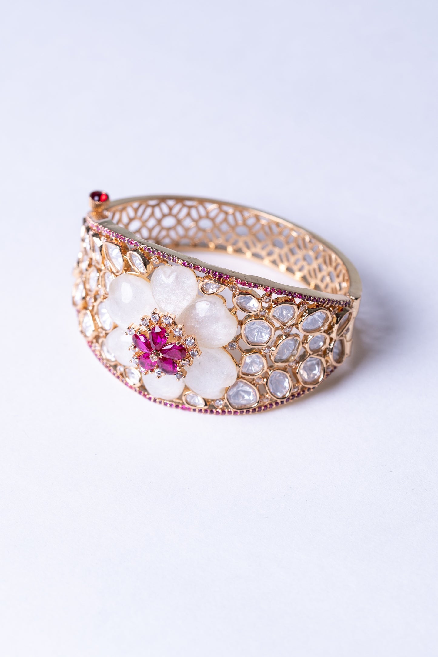 Mother of Pearl and Red Rubies Bracelet - Openable Free Size