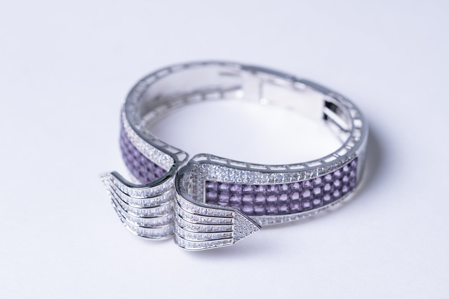 Purple Amethyst Crystals & White American Diamonds Zirconia Bracelet