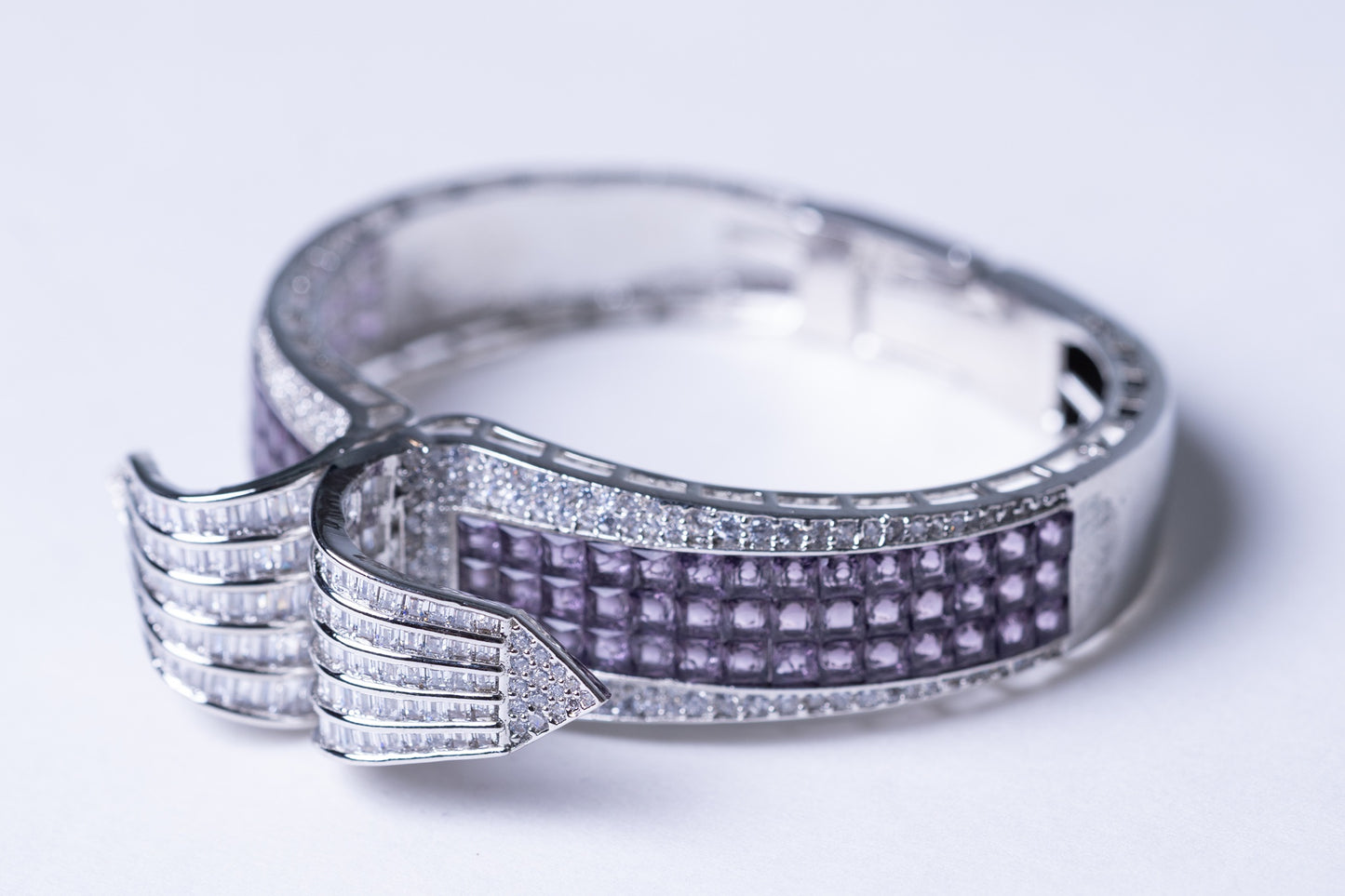 Purple Amethyst Crystals & White American Diamonds Zirconia Bracelet