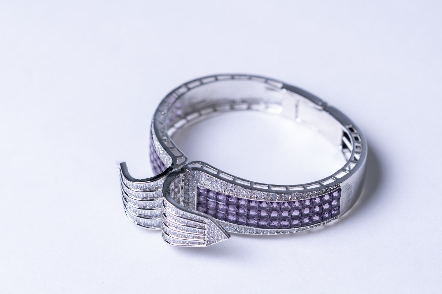 Purple Amethyst Crystals & White American Diamonds Zirconia Bracelet