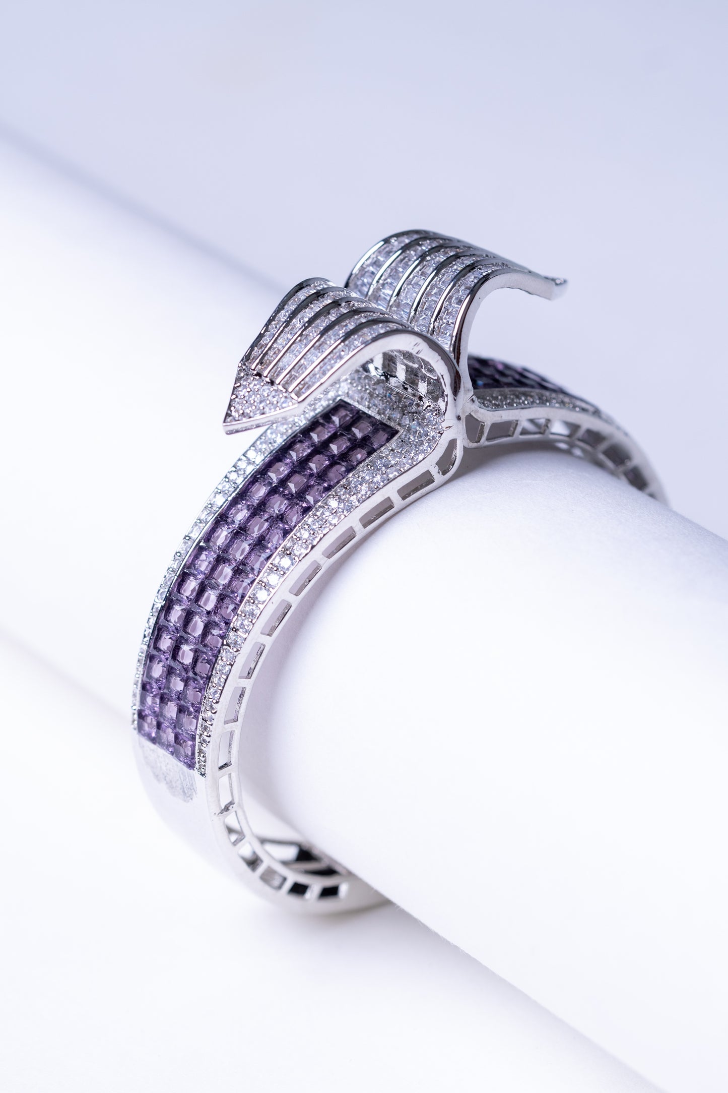 Purple Amethyst Crystals & White American Diamonds Zirconia Bracelet