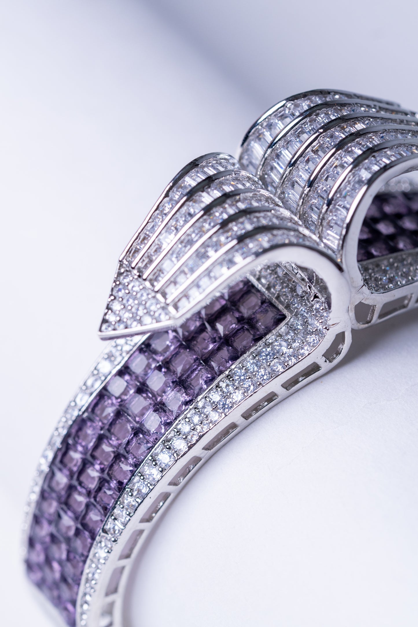 Purple Amethyst Crystals & White American Diamonds Zirconia Bracelet