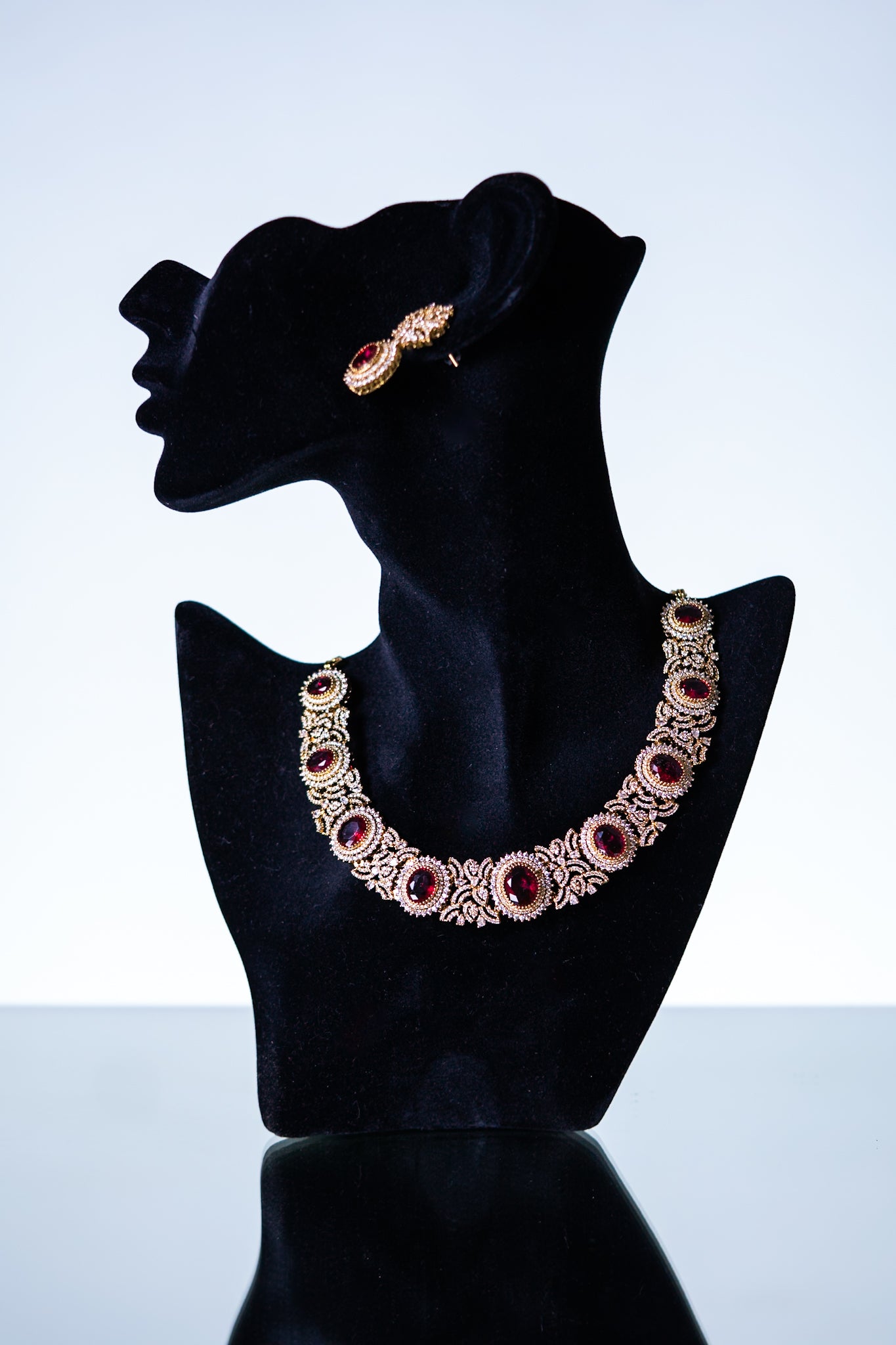 Gold Plated Ruby Stone Riviera Necklace with Earrings