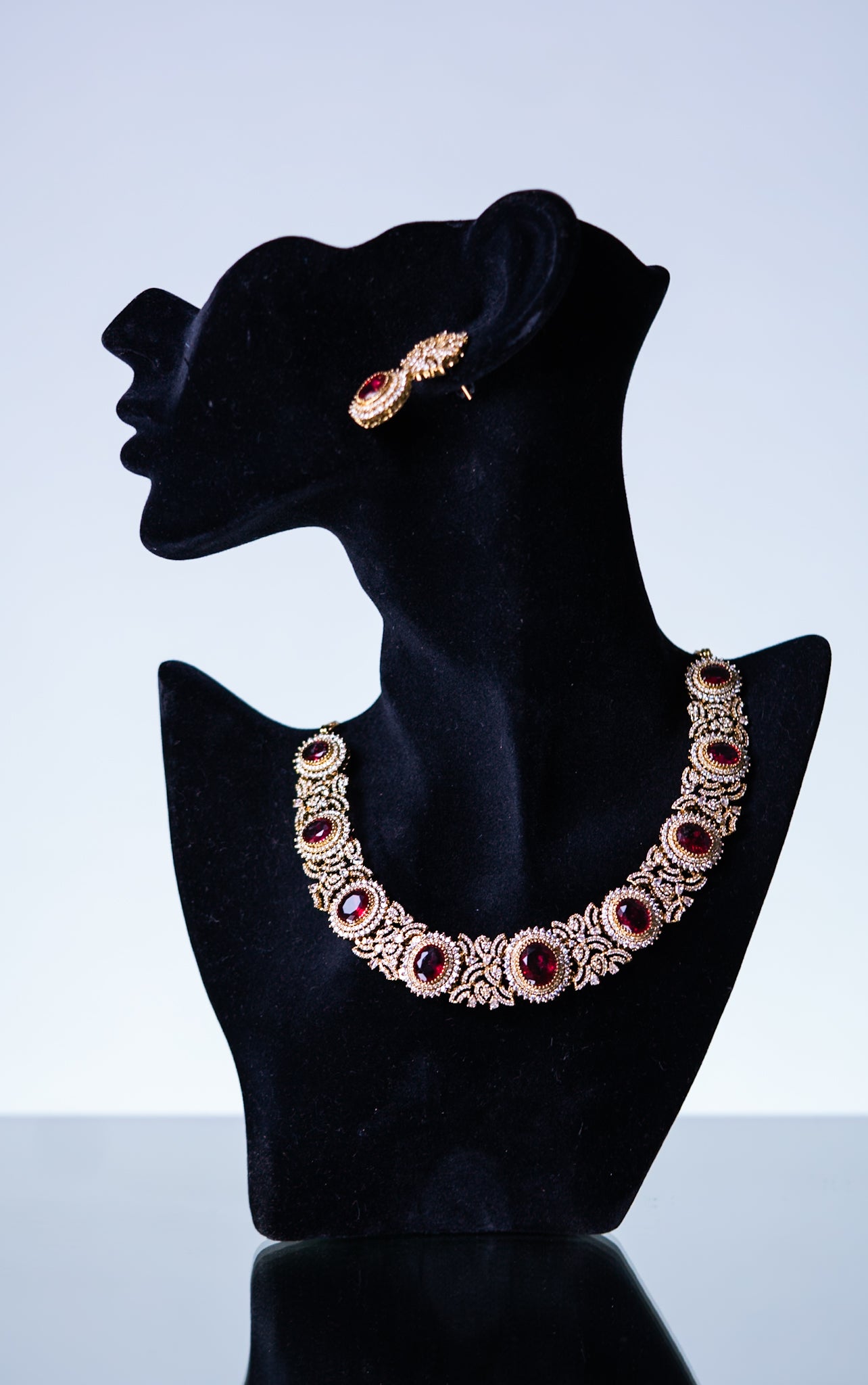 Gold Plated Ruby Stone Riviera Necklace with Earrings