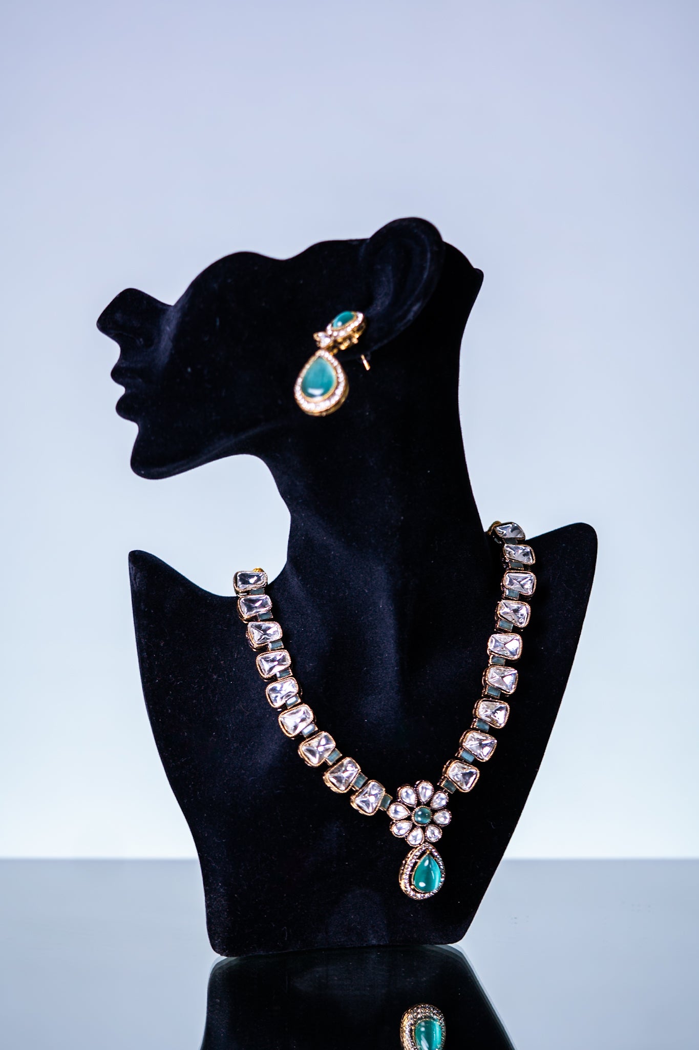 Aqua Mint Stone and Kundan Polki Necklace with Earrings