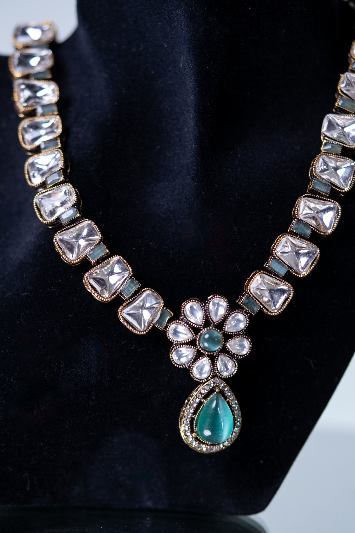 Aqua Mint Stone and Kundan Polki Necklace with Earrings