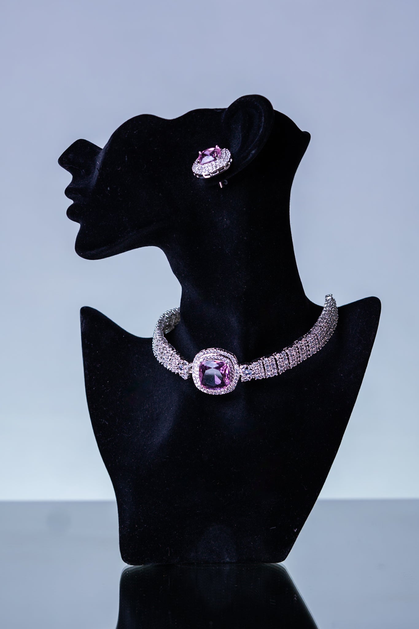 Pink Sapphire and CZ Choker with Stud Earrings