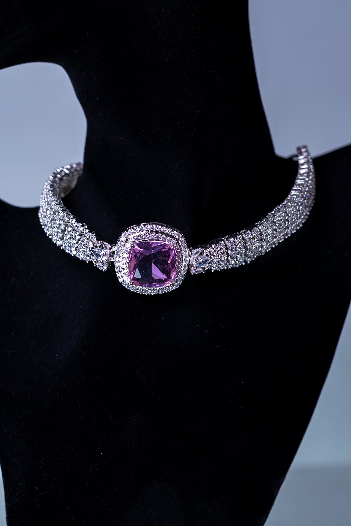 Pink Sapphire and CZ Choker with Stud Earrings