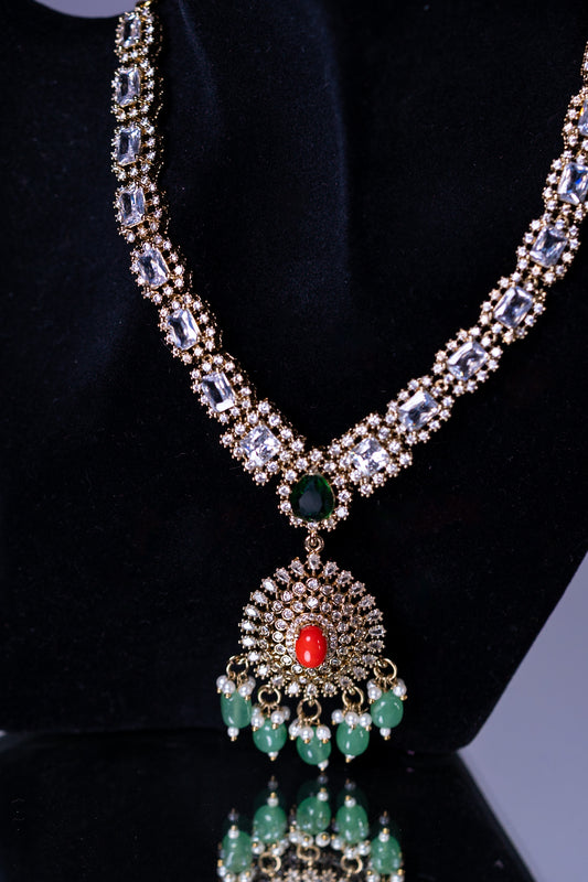 Indian Coral Stone Necklace Set with Jhumka Earrings