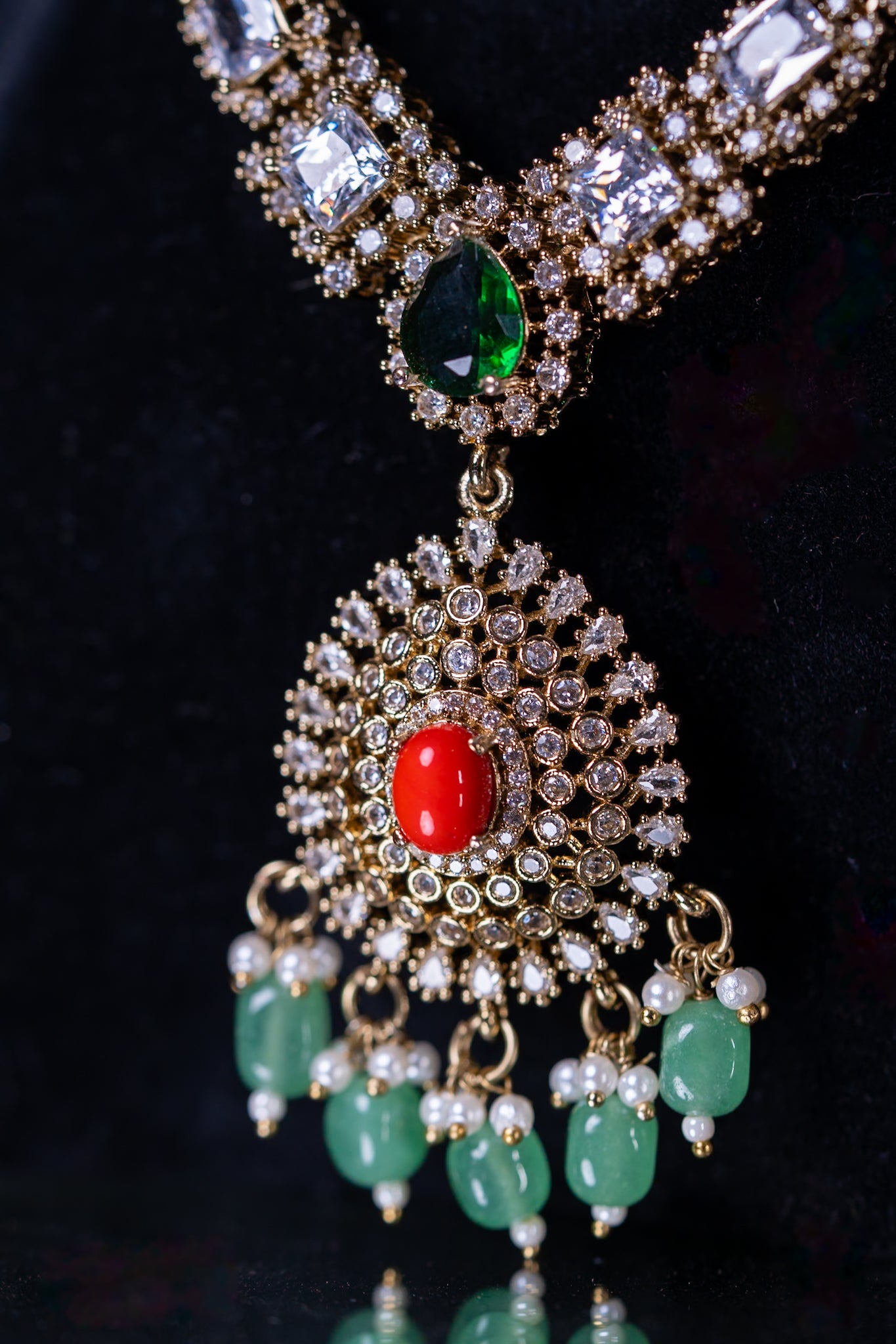 Indian Coral Stone Necklace Set with Jhumka Earrings