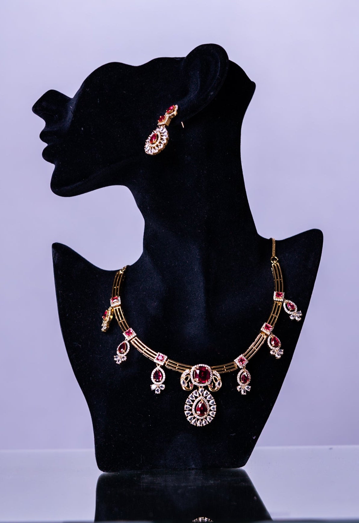 Red Stone Gold Plated Hasli Necklace with Earrings