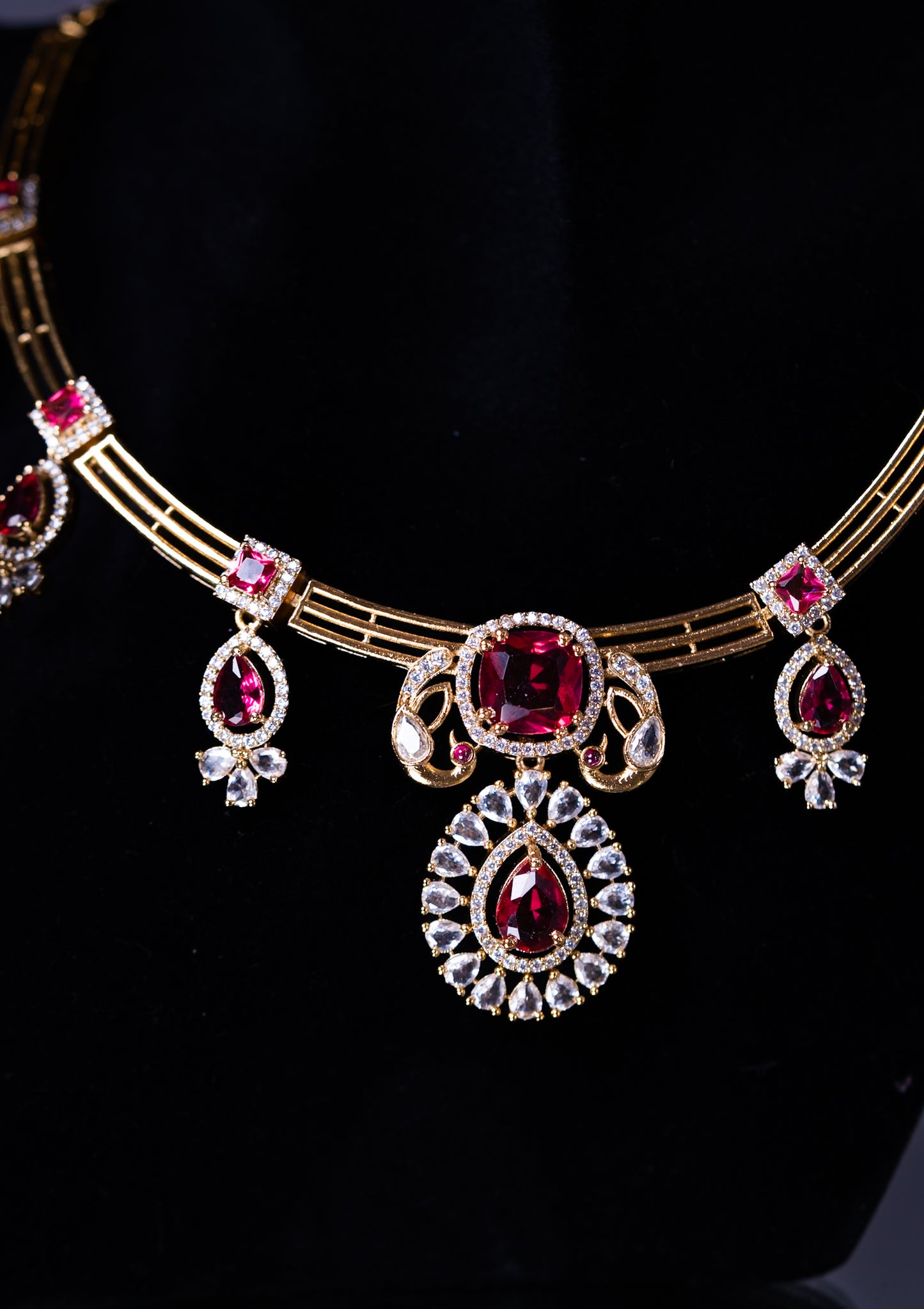 Red Stone Gold Plated Hasli Necklace with Earrings