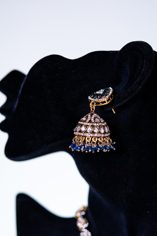 Royal Blue Kundan Polki Long Necklace with Jhumka