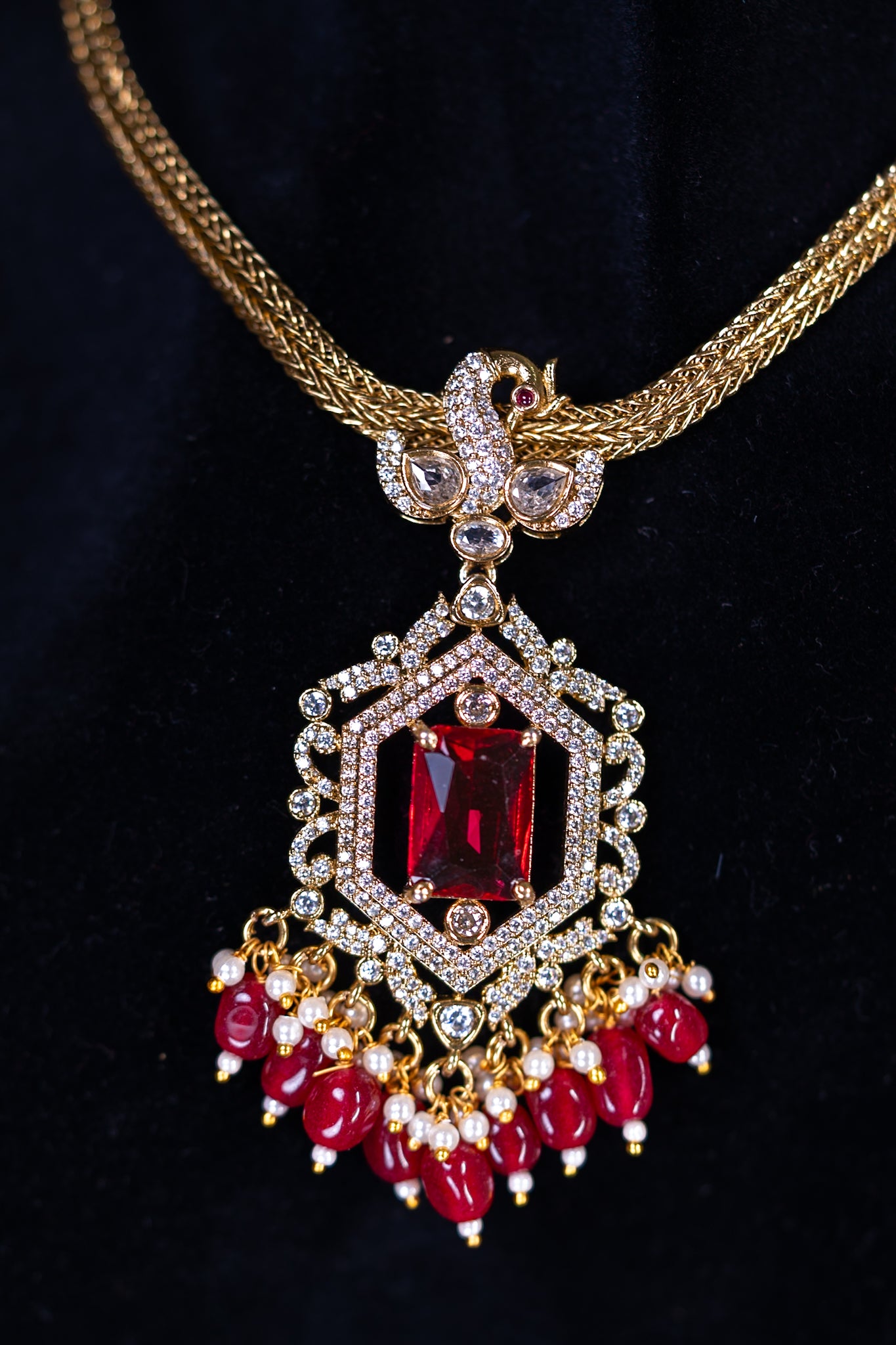 Red Stone Short Necklace with Dangler Earrings