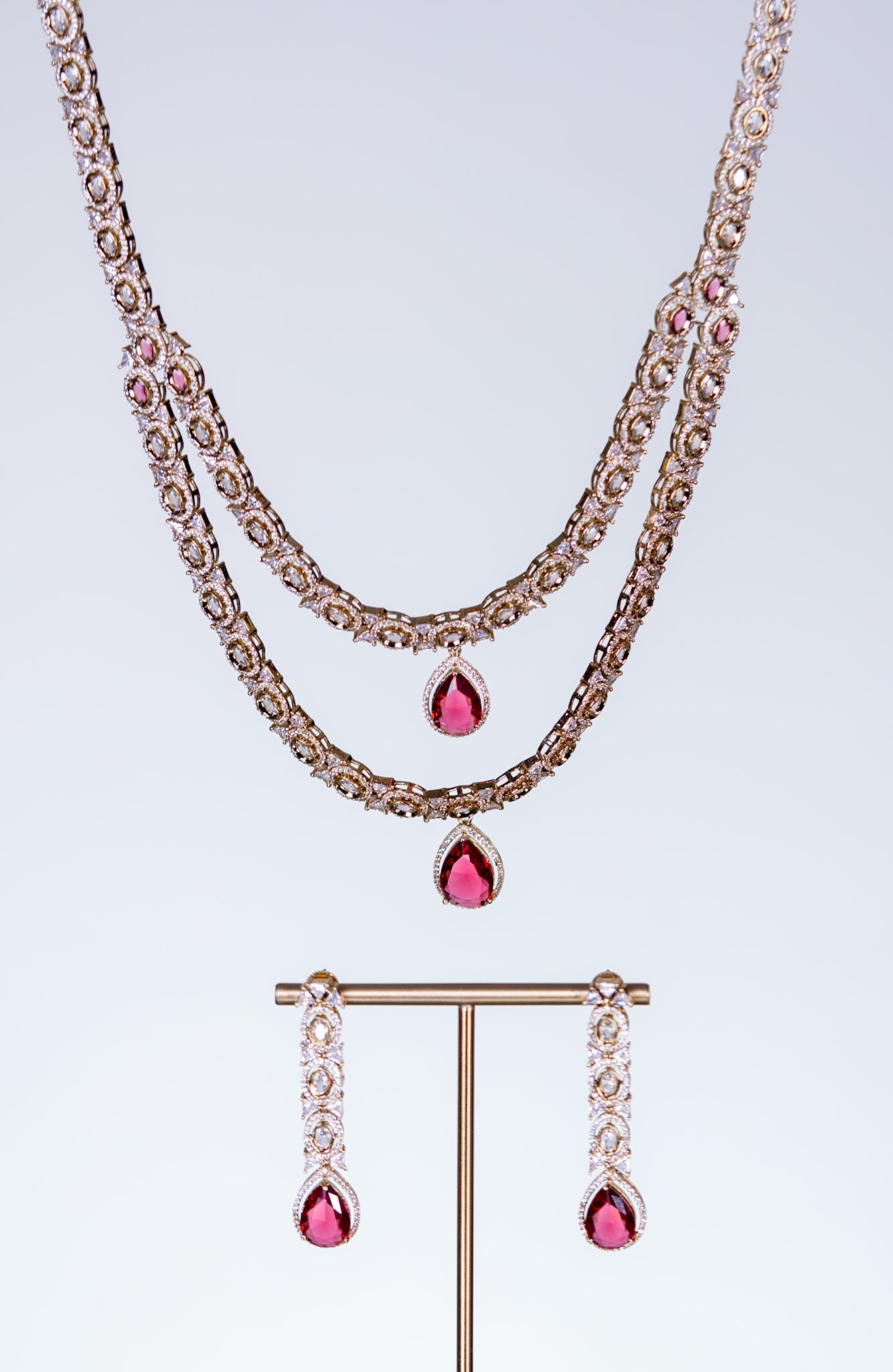 Royal Ruby Double Layer Necklace with Earrings