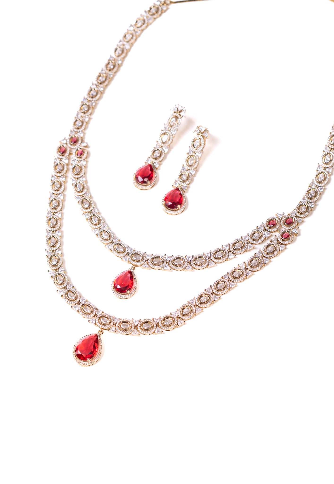 Royal Ruby Double Layer Necklace with Earrings
