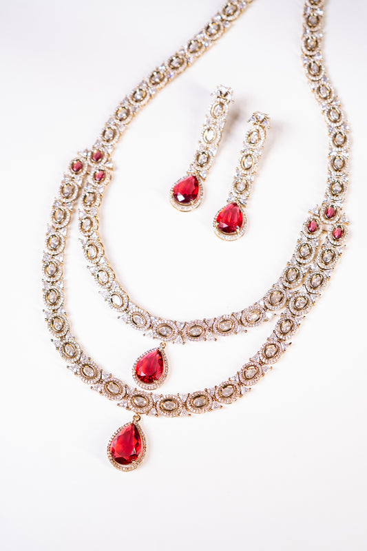 Royal Ruby Double Layer Necklace with Earrings