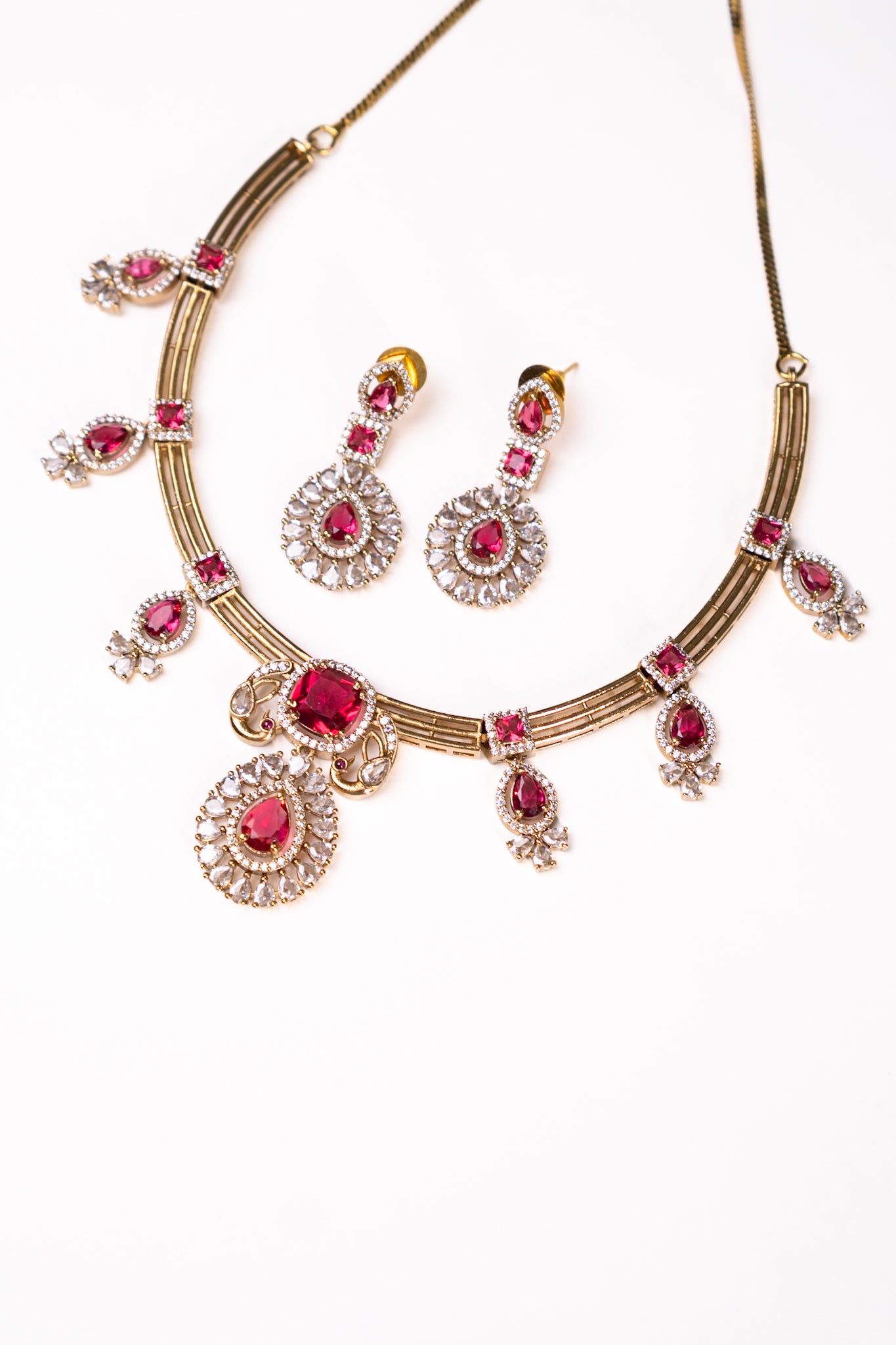 Red Stone Gold Plated Hasli Necklace with Earrings